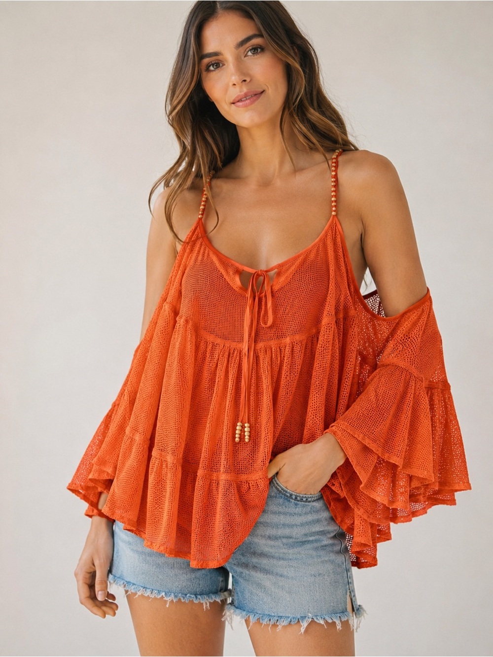 Amita Naithani Mesh Cold-Shoulder Tunic Top – Size S Coral Orange Boho Cover-Up